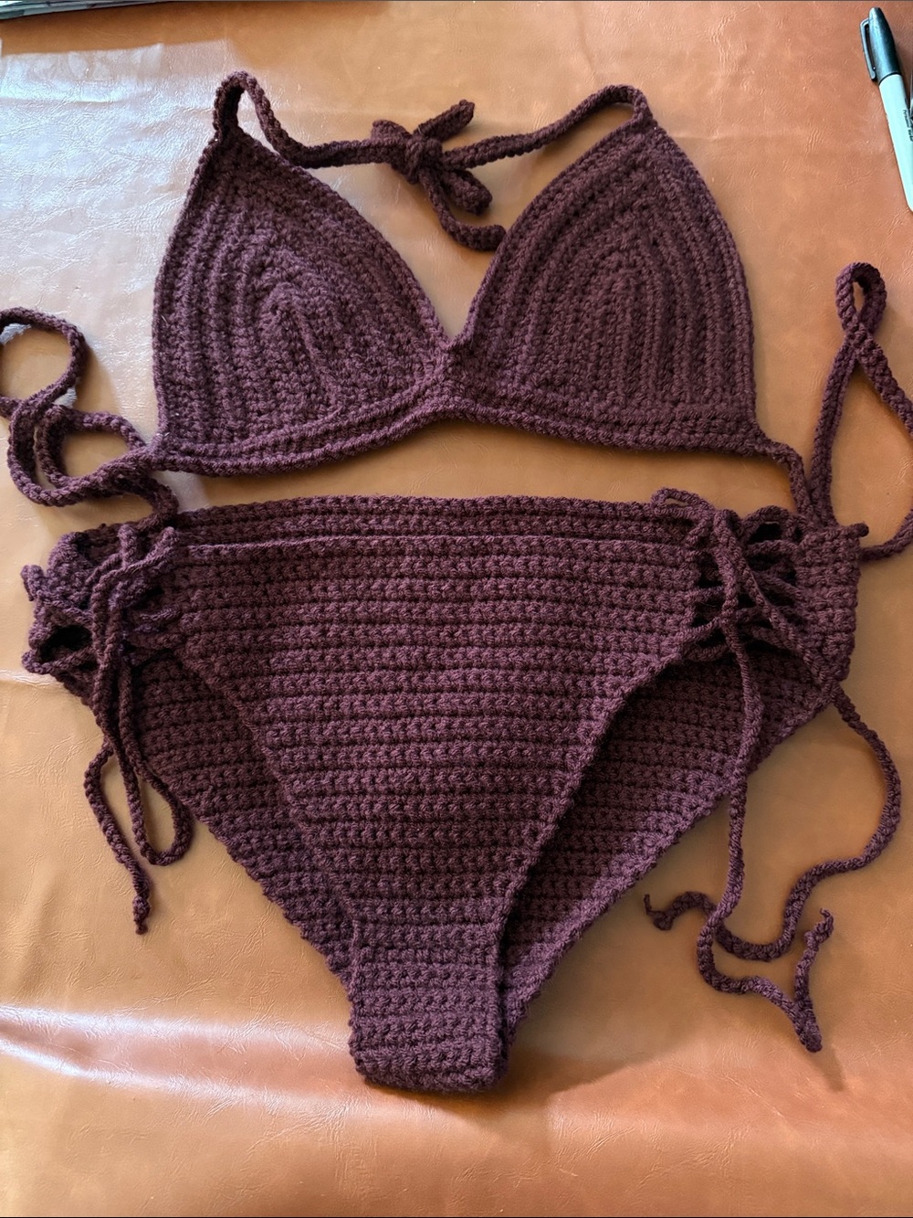 Handmade Crochet Triangle Bikini Set in Deep Burgundy. Brand new